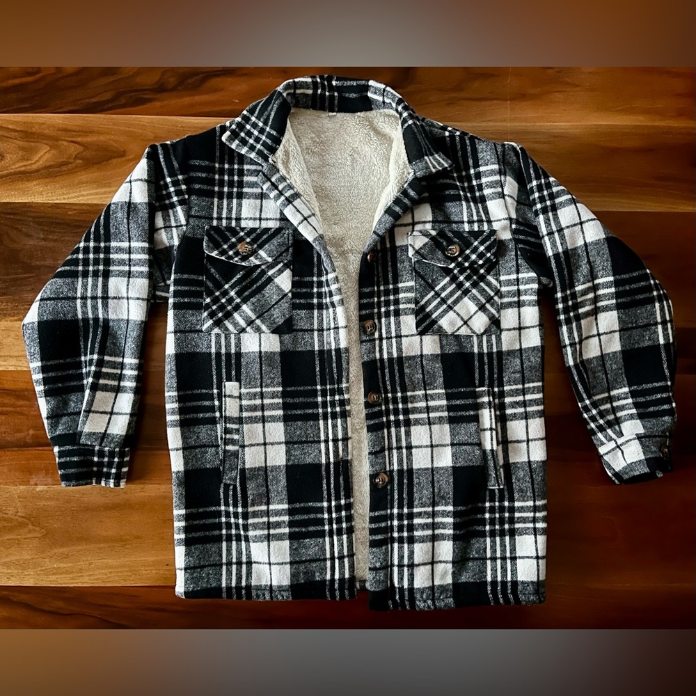 Women's Black & White Plaid Sherpa Lined Shacket Jacket - Size Small